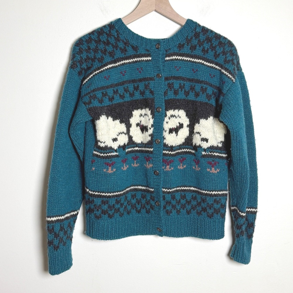 Woolrich Women Wool Cardigan Sweater L Teal Sheep Intarsia Fair Isle VTG Grandma